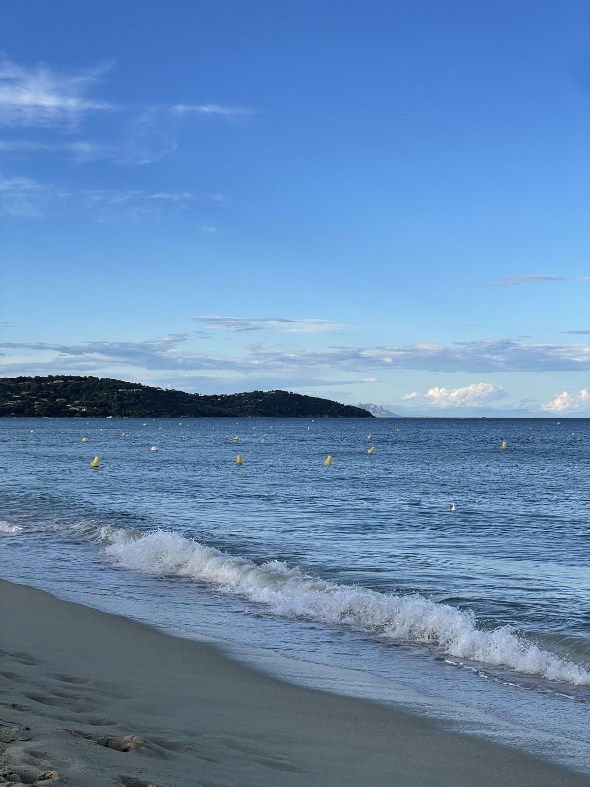 Nikki Beach — clear water, yellow buoys, island in the distance